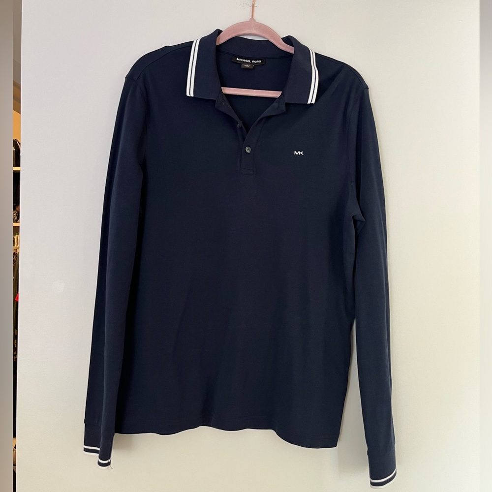 Michael Kors Navy Long-Sleeve Polo with White Trim